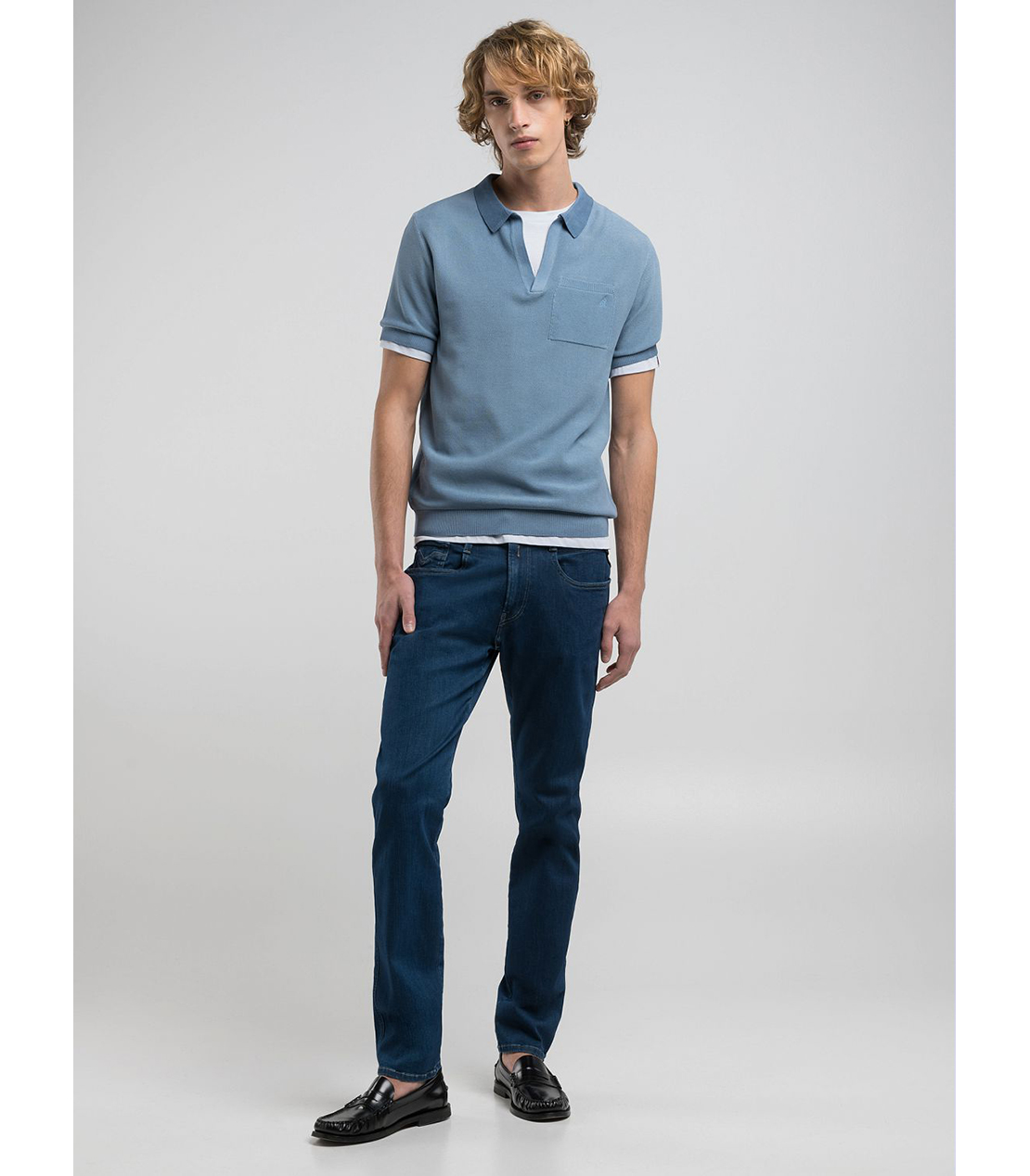 コットンPOLO半袖ニット 詳細画像 グレイッシュブルー 3